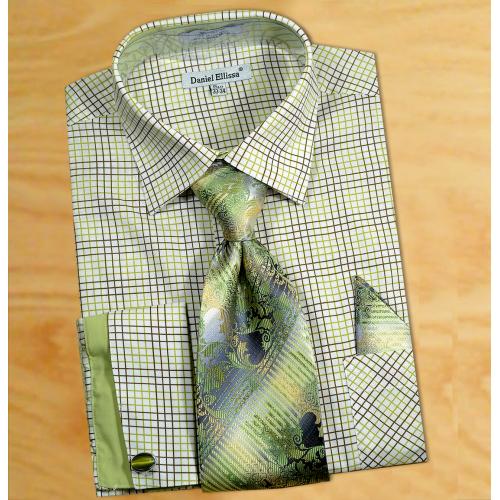 Daniel Ellissa White / Dark Olive / Olive Checks Shirt / Tie / Hanky Set With Free Cufflinks DS3781P2