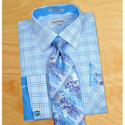 Daniel Ellissa White / Turquoise / Dark Turquoise Checks Shirt / Tie / Hanky Set With Free Cufflinks DS3781P2