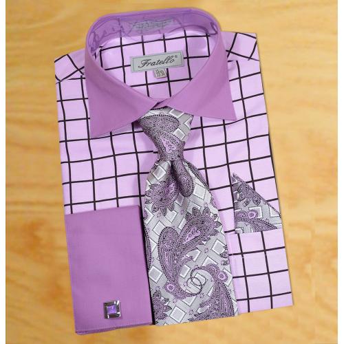 Fratello Lavender / Black Windowpanes Shirt / Tie / Hanky Set With Free Cufflinks FRV4132P2
