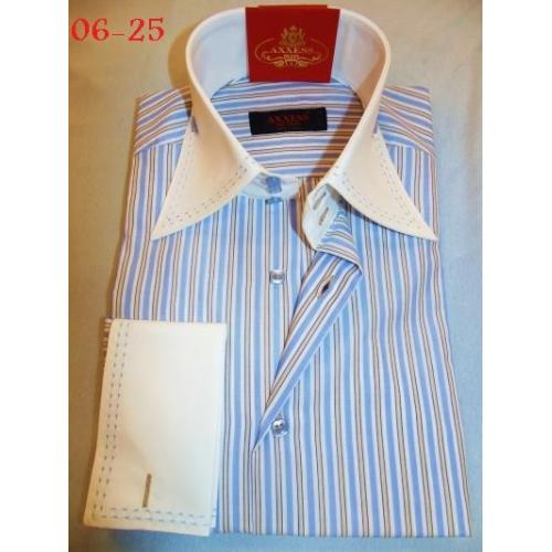 Axxess White / Sky Blue / Navy Blue Pinstripes Handpick Stitching 100% Cotton Regular Fit Dress Shirt 06-25