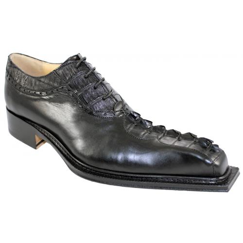 Fennix Italy 4077 Black Genuine Hornback Crocodile Tail / Calf Oxford Shoes.