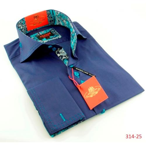 Axxess Navy Blue / Turquoise Handpick Stitching 100% Cotton Regular Fit Dress Shirt 314-25