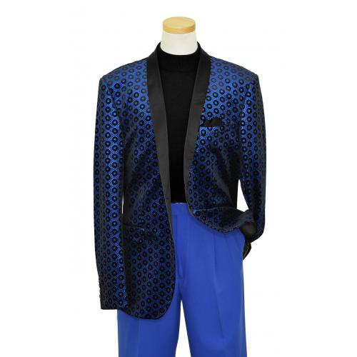 Giovanni Testi Royal Blue / Black Circular Design Velvet Blazer With Black Satin Lapels GT2SSX-VPRINT