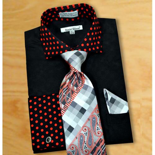 Daniel Ellissa Black / Red Polka Dot Self Check Spread Collar Shirt / Tie / Hanky Set With Free Cufflinks DS3780P2