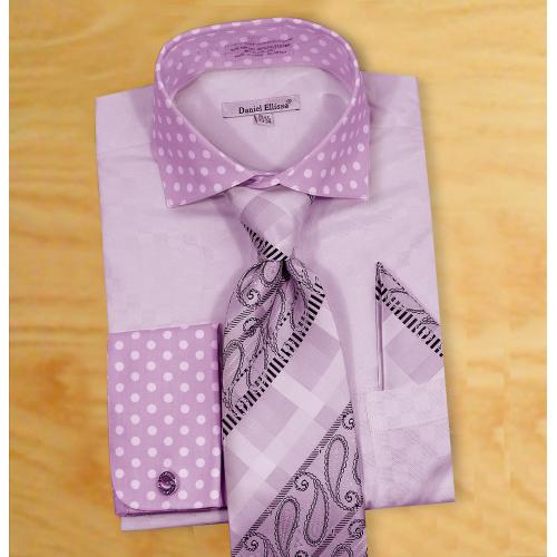Daniel Ellissa Lavender / White Polka Dot Self Check Spread Collar Shirt / Tie / Hanky Set With Free Cufflinks DS3780P2
