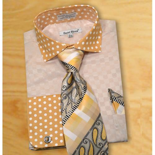 Daniel Ellissa Apricot / White Polka Dot Self Check Spread Collar Shirt / Tie / Hanky Set With Free Cufflinks DS3780P2