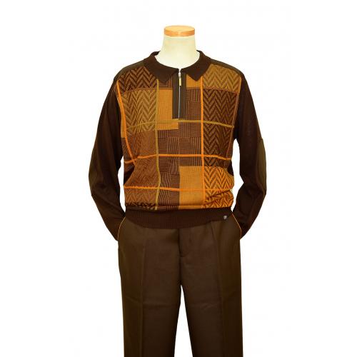 Stacy Adams Brown / Cognac Woven Zip-Up Knitted Sweater Outfit With Brown Elbow Patches 8225