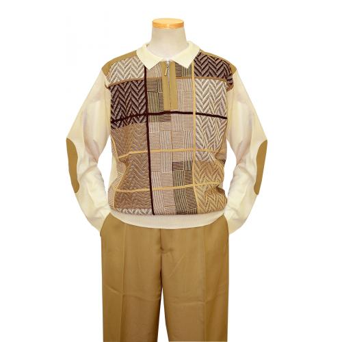 Stacy Adams Cream / Brown / Tan Woven Zip-Up Knitted Sweater Outfit With Tan Elbow Patches 8225