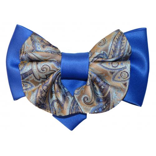 Vittorio Vico Royal Blue / Tan / Sky Blue Paisley Double Layered Design 100% Silk Bow Tie / Hanky Set XL0115