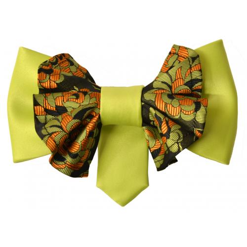 Vittorio Vico Lime Green / Orange / Black Paisley Double Layered Design 100% Silk Bow Tie / Hanky Set XL0153
