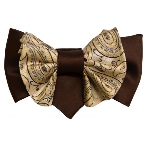 Vittorio Vico Chocolate Brown / Cream Plaid Paisley Double Layered Design 100% Silk Bow Tie / Hanky Set XLO140