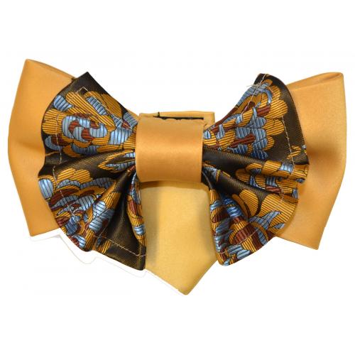 Vittorio Vico Honey / Mustard / Sky Blue / Chocolate Brown Plaid Paisley Double Layered Design 100% Silk Bow Tie / Hanky Set XL0152