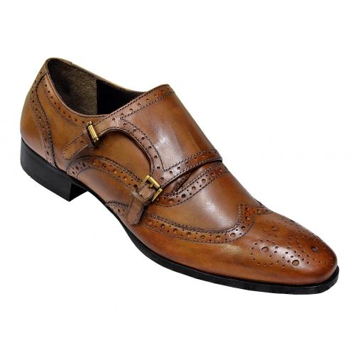 Giorgio Brutini "Vance" New Tan Genuine Leather Wingtip Hand-Burnished Double Monkstrap Shoes With Perforation 248764-1