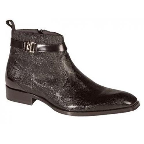Mezlan "Liverpool" Black Gorgeous New Buckle and Zip Fluorescent Saffiano Embossed Patent Calfskin Boots
