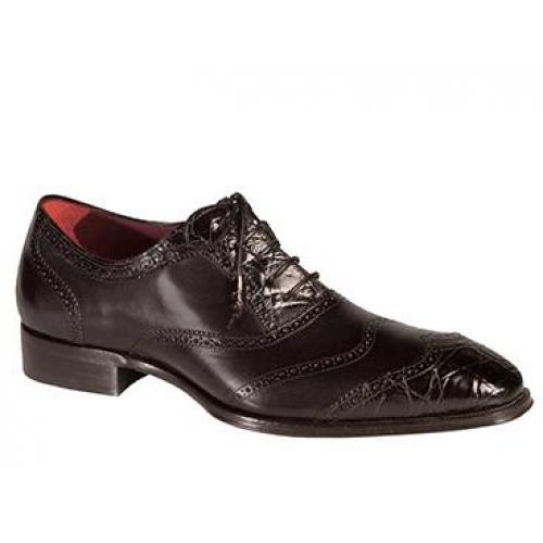 Mezlan "Munich" Black All-Over Genuine Crocodile and Burnished Calfskin Gorgeous Two-Tone Combination Exotic Oxford Shoes