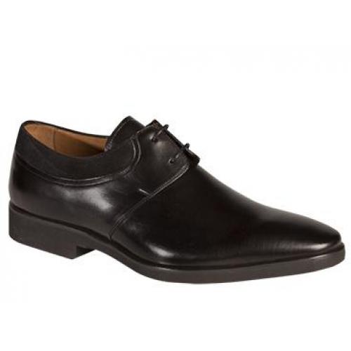 Mezlan "Portsmouth" Black All-Over Soft Ascot Calfskin With Suede Trim Classic Plain Toe 2-Eyelet Blucher Oxford Shoes