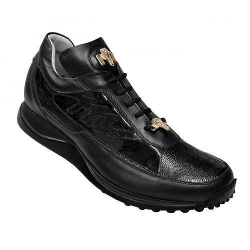 Mauri "Eclisse" 8555 Black Genuine Ostrich Leg / Nappa Calf Leather / Patent Leather Casual Sneakers With Genuine Ostrich Leg Mauri Logo And Silver Alligator Head