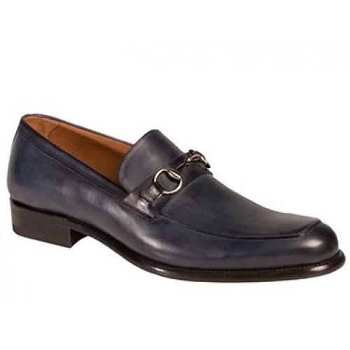 Mezlan "Worchester" Blue All-Over Rich Hand-Burnished Calfskin Classic Horde-Bit Apron Front Loafer Shoes
