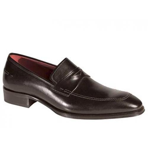 Mezlan "Toulon" Black Hand-Burnished Italian Calfskin Updated Classic Apron Front Penny Loafer Shoes