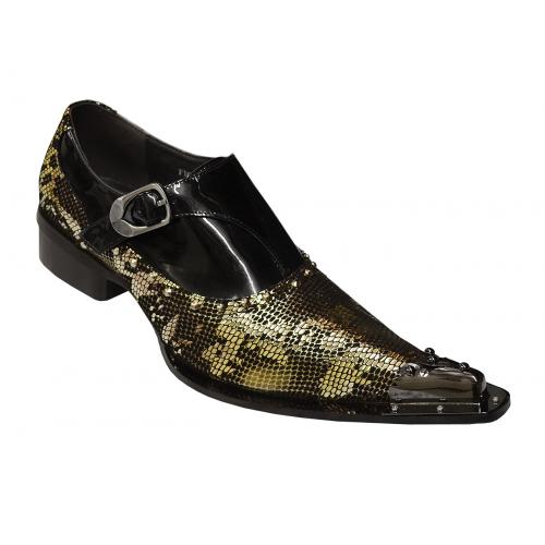 Fiesso Metallic Gold / Black Snake Print Genuine Leather Loafer Shoes With Monk Strap And Metal Studs FI6934