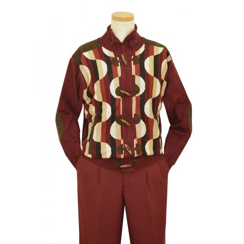 Silversilk Burgundy / Rust / Beige / White Knitted Rayon Blend Zip-Up Geometric Design Sweater Jacket With Brown Microsuede Elbow Patches And Curved Cylindrical Wooden Buttons 6980