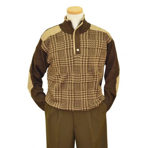 Silversilk Olive Brown / Beige Knitted Rayon Blend Zip-Up Houndstooth Sweater With Beige Microsuede Elbow Patches 6986