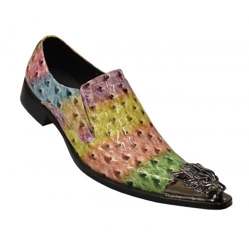 Fiesso Rainbow Ostrich Print Genuine Leather Loafer Shoes With Silver Metal Lion Tip FI6884