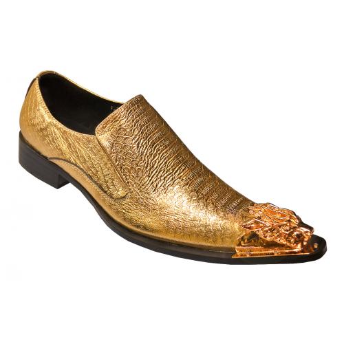 Fiesso Metallic Gold Snake Print Genuine Leather Loafer Shoes With Gold Metal Lion Tip FI6909