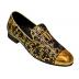 Fiesso Metallic Gold / Black / Gold Snake Print Genuine Leather Loafer Shoes With Gold Metal Cap And Gold Metal Tassels FI6919