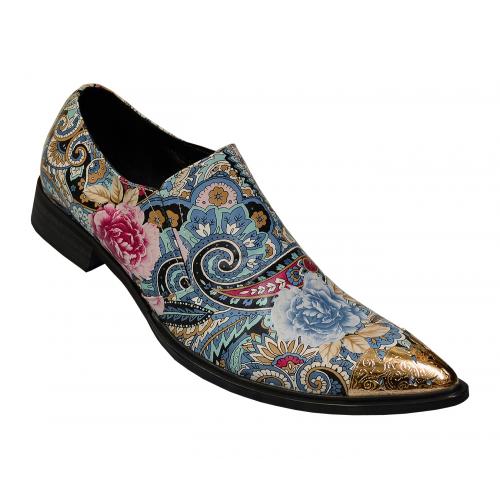 Fiesso Multicolor Hand Painted Genuine Leather Floral Design Loafer Shoes With Gold Metal FI6882