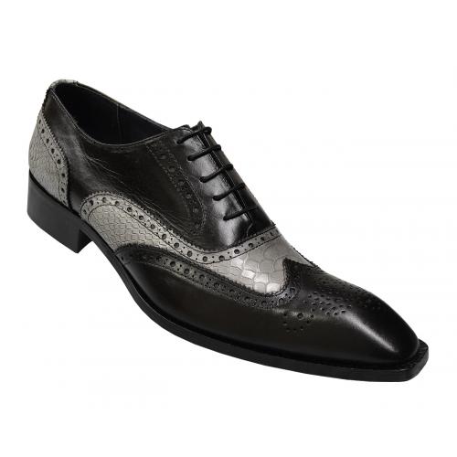 Duca Di Matiste 1116 Black / Grey Genuine Italian Calfskin Wingtip Leather Shoes