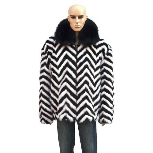 Winter Fur Black / White Chevron Mink Jacket With Black Fox Collar M39R01BWB.
