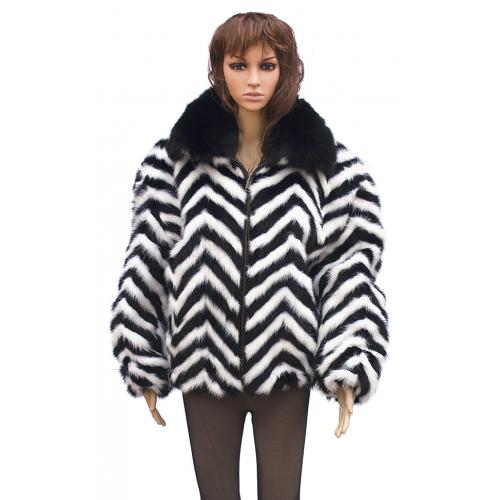 Winter Fur Ladies Black / White Chevron Mink Jacket With Black Fox Collar W39S05BWB.