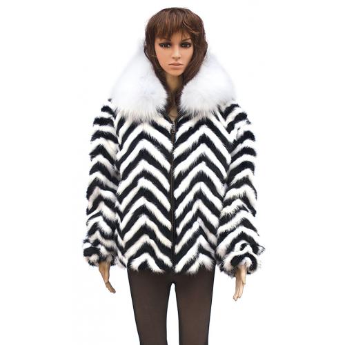 Winter Fur Ladies Chevron Mink Jacket With White Fox Collar, Combination of Black and White W39S05BWW.