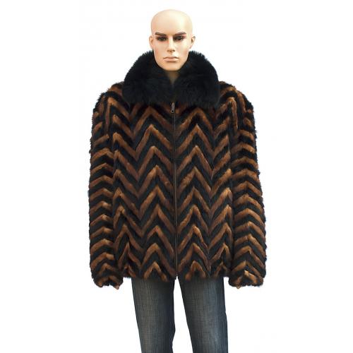 Winter Fur Black / Whiskey Chevron Mink Jacket With Black Fox Collar M39R01BWK