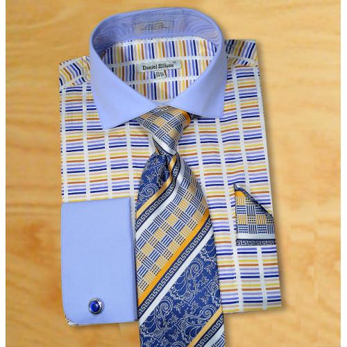 Daniel Ellissa White / Sky Blue / Multicolor Horizontal Bar Design Shirt / Tie / Hanky Set With Free Cufflinks DS3783P2
