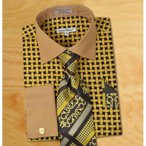 Daniel Ellissa Gold / Black Woven Design Shirt / Tie / Hanky Set With Free Cufflinks DS3782P2