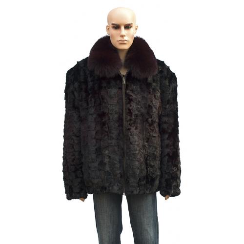 Winter Fur Men's Front Paws Jacket with Fox Collar, Dyed into Two Shades of Burgundy M69R01BDT