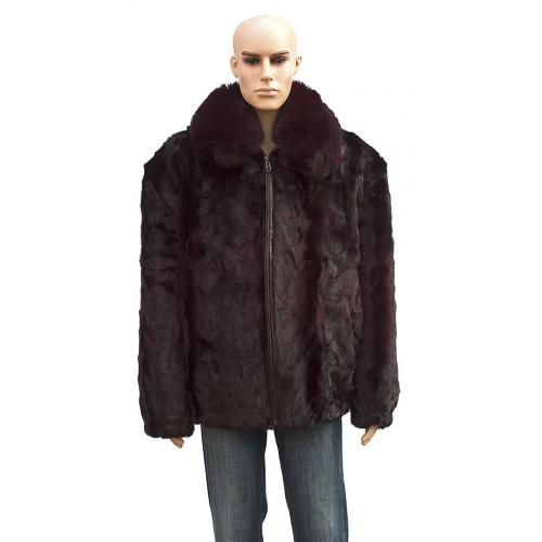 Winter Fur Men's Mink Front Paws Jacket with Fox Collar, Dyed into Two Shades of Burgundy M69R01BDT