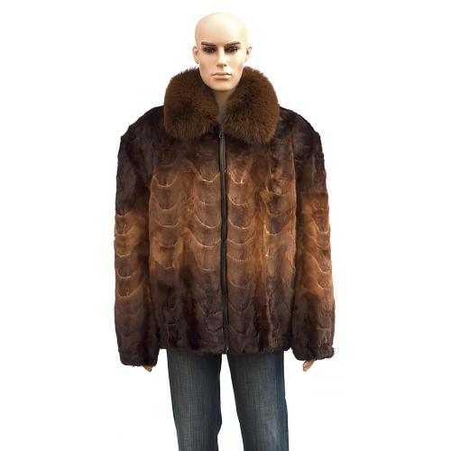 Winter Fur Men's Mink Front Paws Jacket with Fox Collar, Dyed into Two Shades of Whiskey M69R01WKT