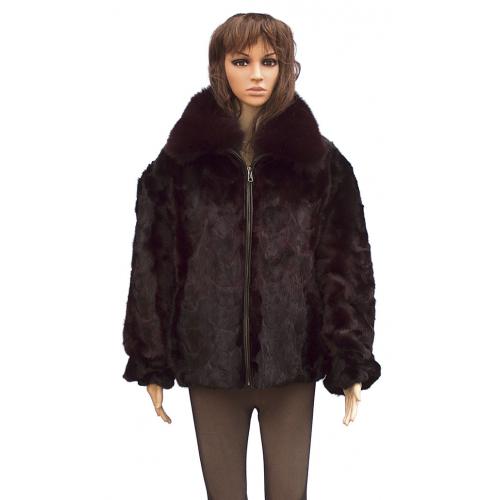 Winter Fur Ladies Chevron Mink Jacket With Fox Collar , Dyed into Two Shades of Burgundy W39S05BD Mink Front Paws Jacket With Fox Collar, Dyed into Two shades of Burgundy W69S05BDT