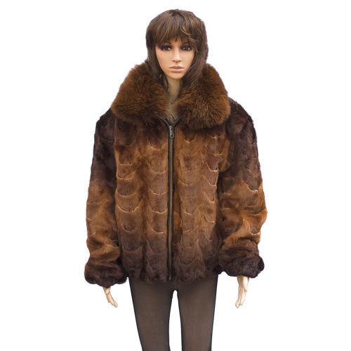 Winter Fur Ladies Mink Front Paws Jacket with Fox Collar, Dyed into Two shades of Whiskey W69S05WKT