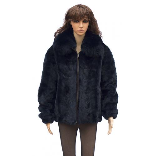 Winter Fur Ladies Navy Blue Mink Front Paws Jacket With Fox Collar W69S05NV
