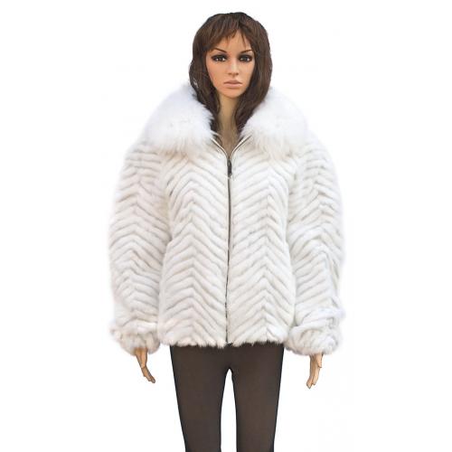 Winter Fur Ladies Natural White Chevron Mink Jacket With Fox Collar W39S05WT.