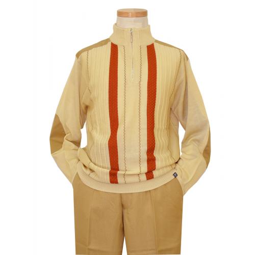 Stacy Adams Beige / Tan / Rust Woven Zipper Front Pull Over Knitted Sweater Outfit With Tan Elbow Patches 8334