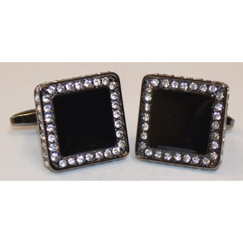 Fratello Silver Plated Square Cufflinks Set With Big Black Square And Clear Round Rhinestone CL057
