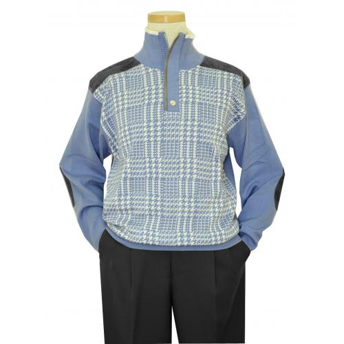 Silversilk Ice Blue / White Houndstooth Zipper Front Pull Over Knitted Sweater With Grey Microsuede Elbow Patches 6986