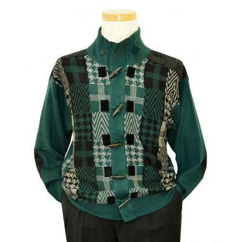 Silversilk Teal / Black / Grey Zip-Up Geometric Houndstooth Design Zip-Up Knitted Sweater Jacket With Black Microsuede Elbow Patches And Cylindrical Wooden Buttons 6970