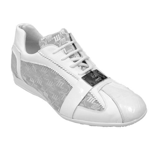 Mauri 8665 White Genuine Crocodile / Patent Leather / Mauri Fabric Sneakers With Silver Mauri Engraved Plate