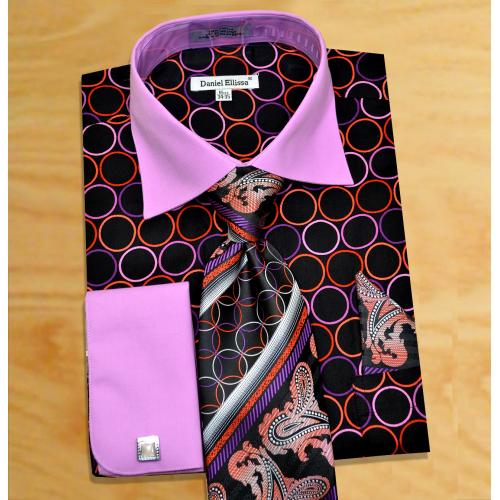 Daniel Ellissa Black / Lilac / Multi color Circular Design Shirt / Tie / Hanky Set With Free Cufflinks DS3784P2